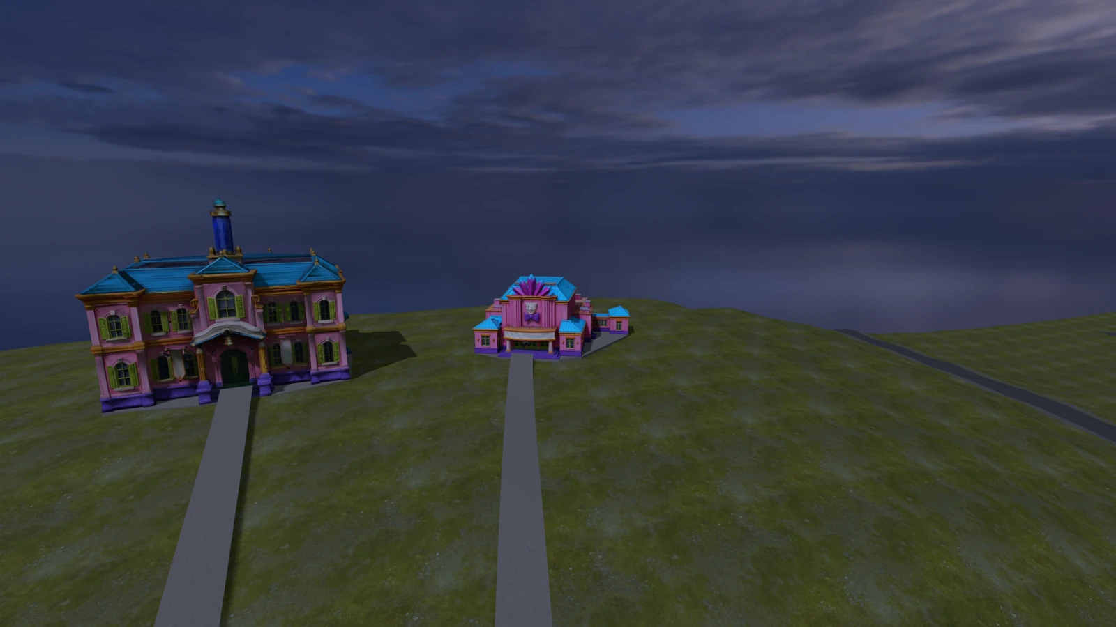 Two original campus exteriors during an October 12 private Windows distance review. The unchanged buildings are included in CN; this is a development capture, not a new CN playthrough.