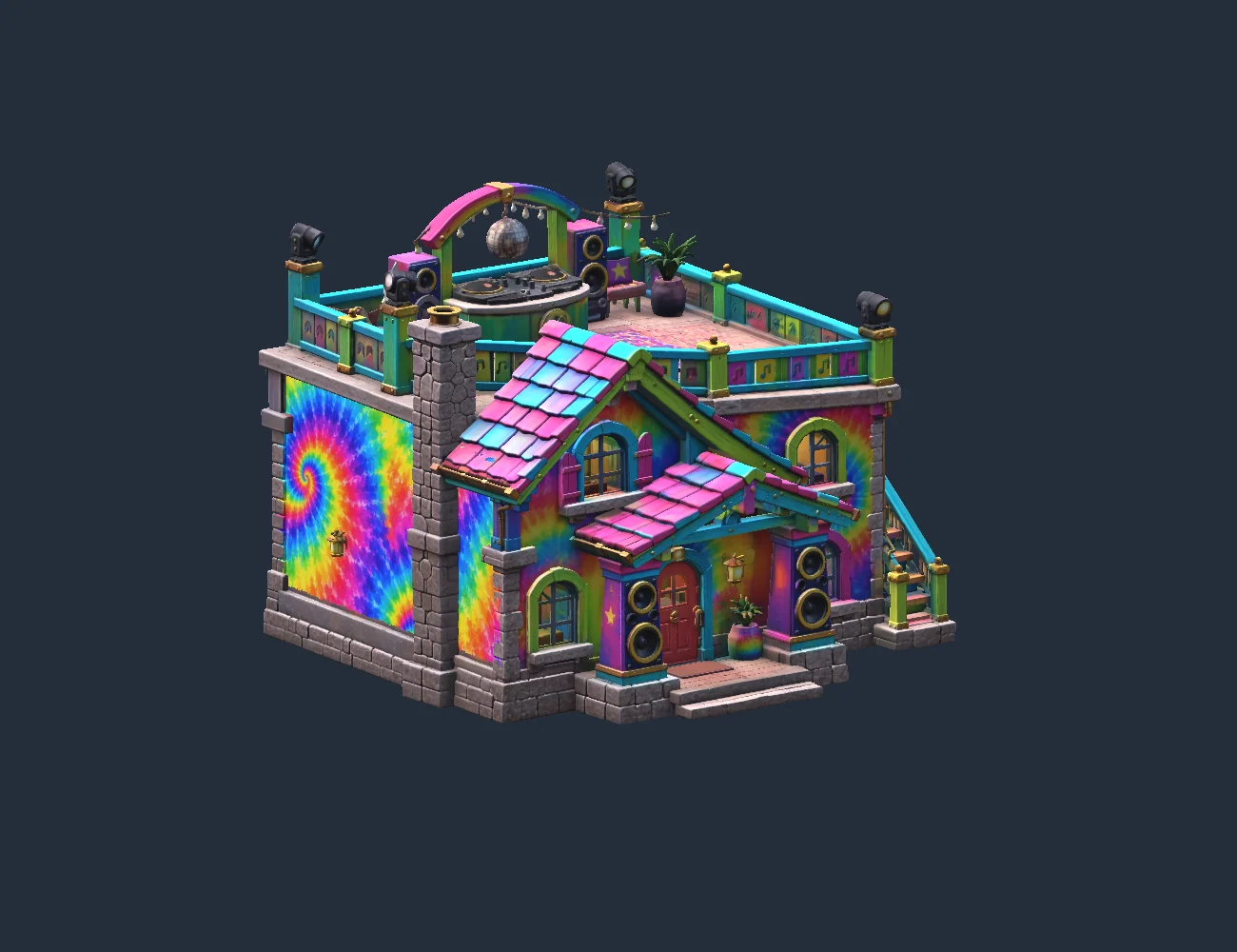 Danny Danko’s neon party-house model in an October 8 Unity import review. Development artwork; fifth-farm gameplay and public release remain pending.