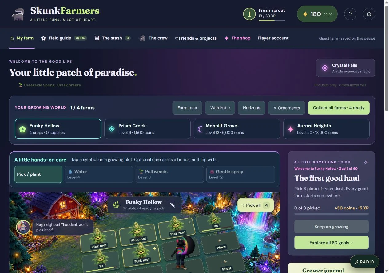 Disposable guest farm before the harvest check. Fresh October 4 isolated local browser capture of the working distribution snapshot; original build date not established.