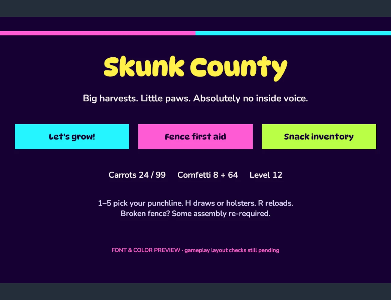 October 8 font-and-palette preview: bubble display lettering with readable smaller text. Design preview, not a screenshot of a finished gameplay menu.