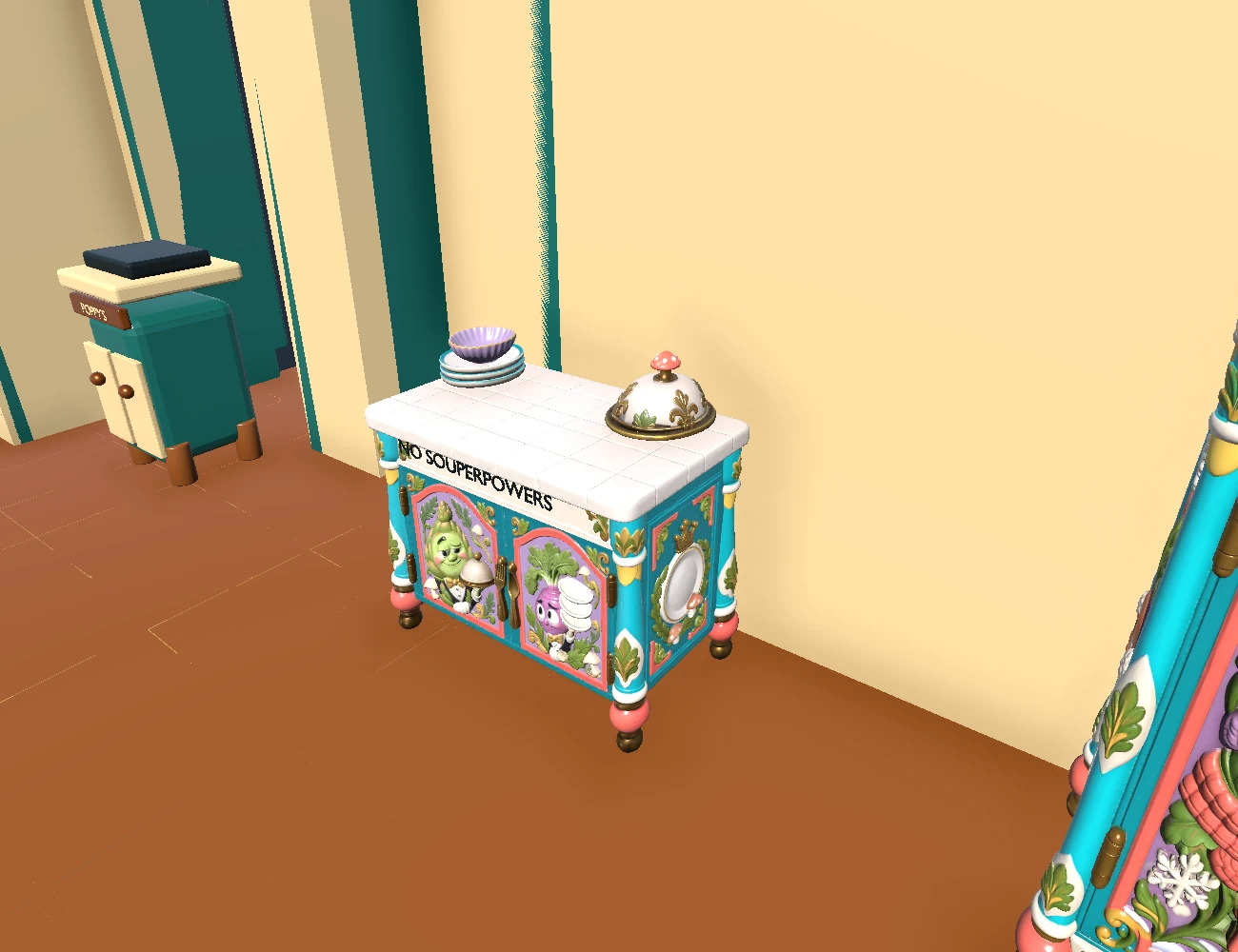 Poppy’s original service counter in an October 9 editor fit review. The furnishing design is included in the later released kitchen; this image is an art review, not gameplay footage.