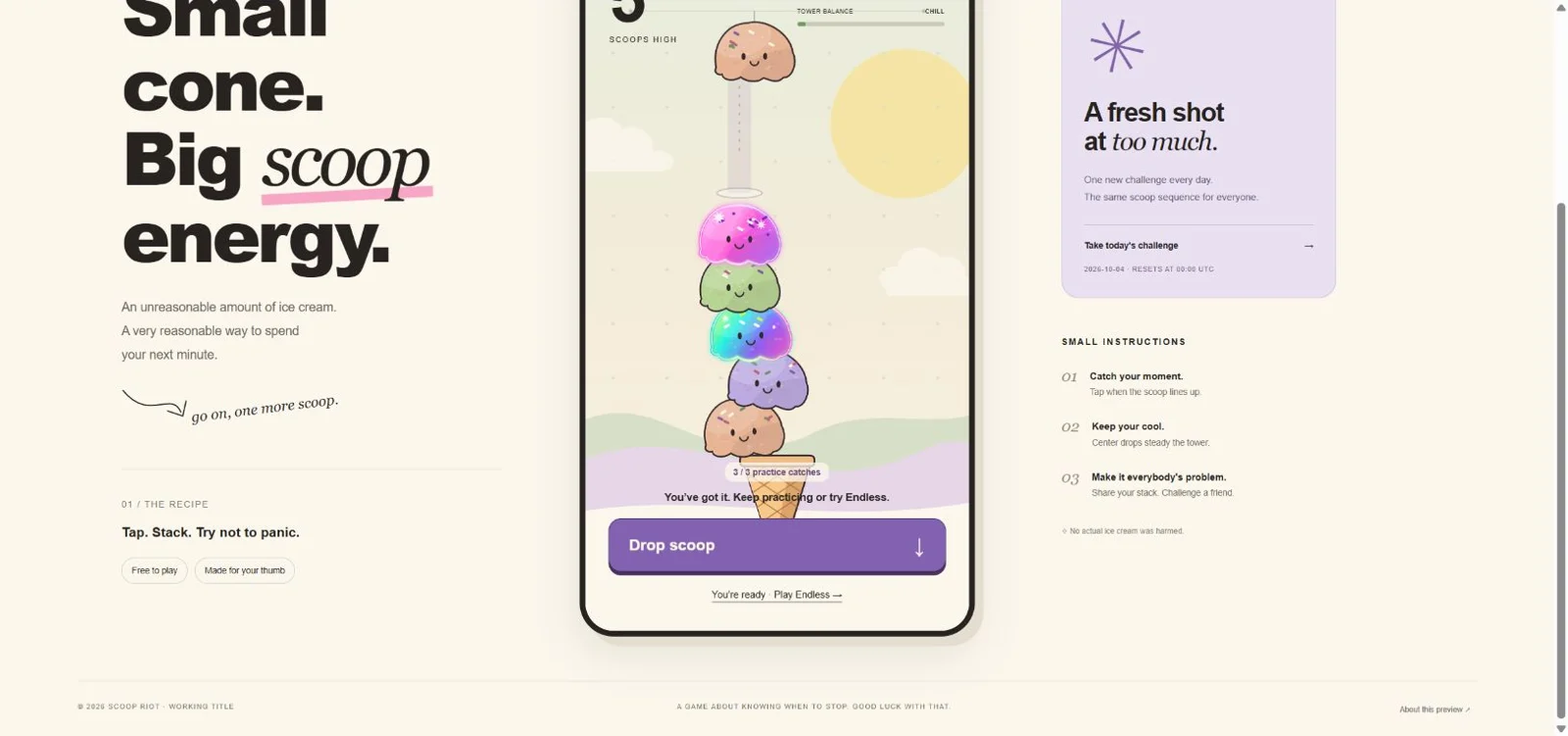 Five-scoop tower and a perfect drop. Newly captured October 4 from the unchanged preserved browser edition in an isolated local session. Build date approximate.